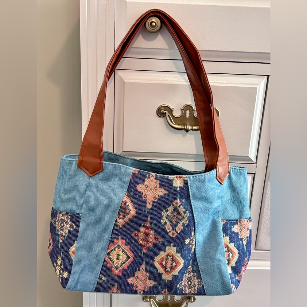 Denim and Patterned Tote with Brown Handles